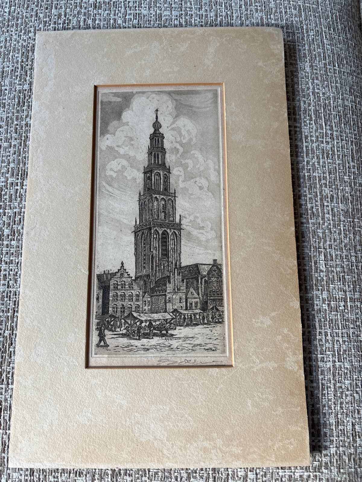 Pentekening Martinitoren Groningen met passe-partout, Antiek en Kunst, Ophalen of Verzenden, Met passe-partout, 1900 - 1949, Overige technieken