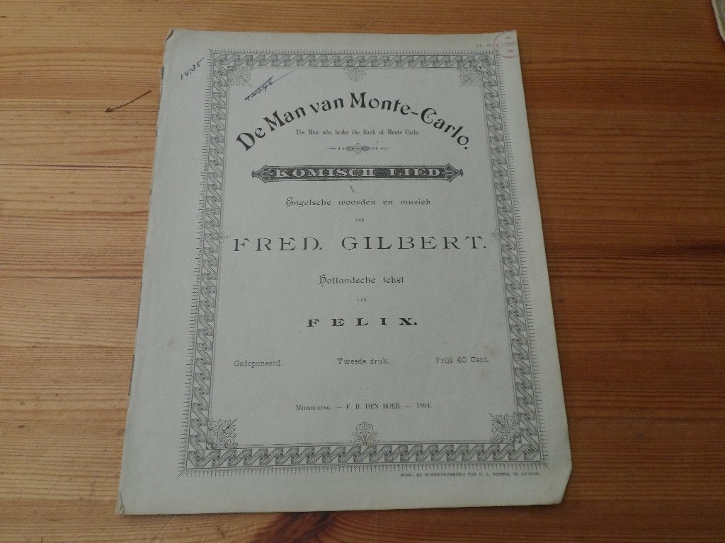 De man van monte carlo - fred. Gilbert, Zang, Gebruikt, Ophalen of Verzenden, Artiest of Componist