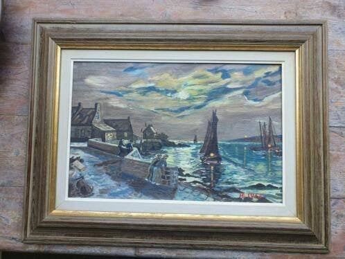 Schilderij Helga Eldvar 1953 Zweden dorpje aan Zee, Ophalen