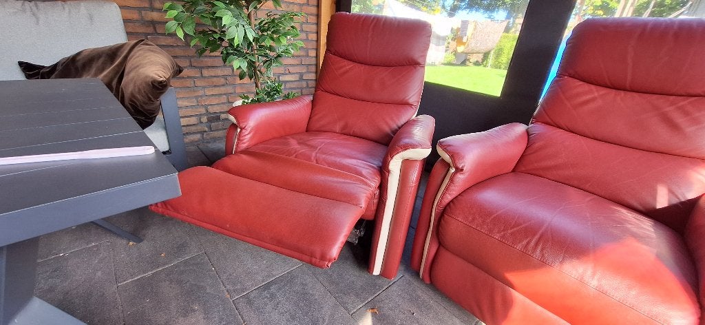 2 rode leren relaxstoelen, Ophalen, Gebruikt, 75 tot 100 cm, Leer