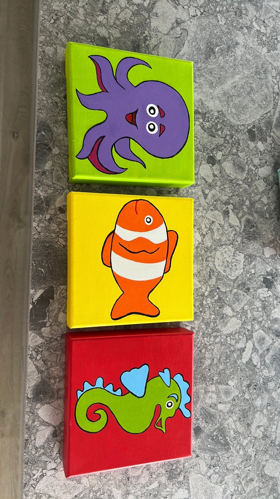 3 zelfgemaakte schilderijtjes 20x20, Ophalen of Verzenden, Zo goed als nieuw, Minder dan 50 cm, Schilderij
