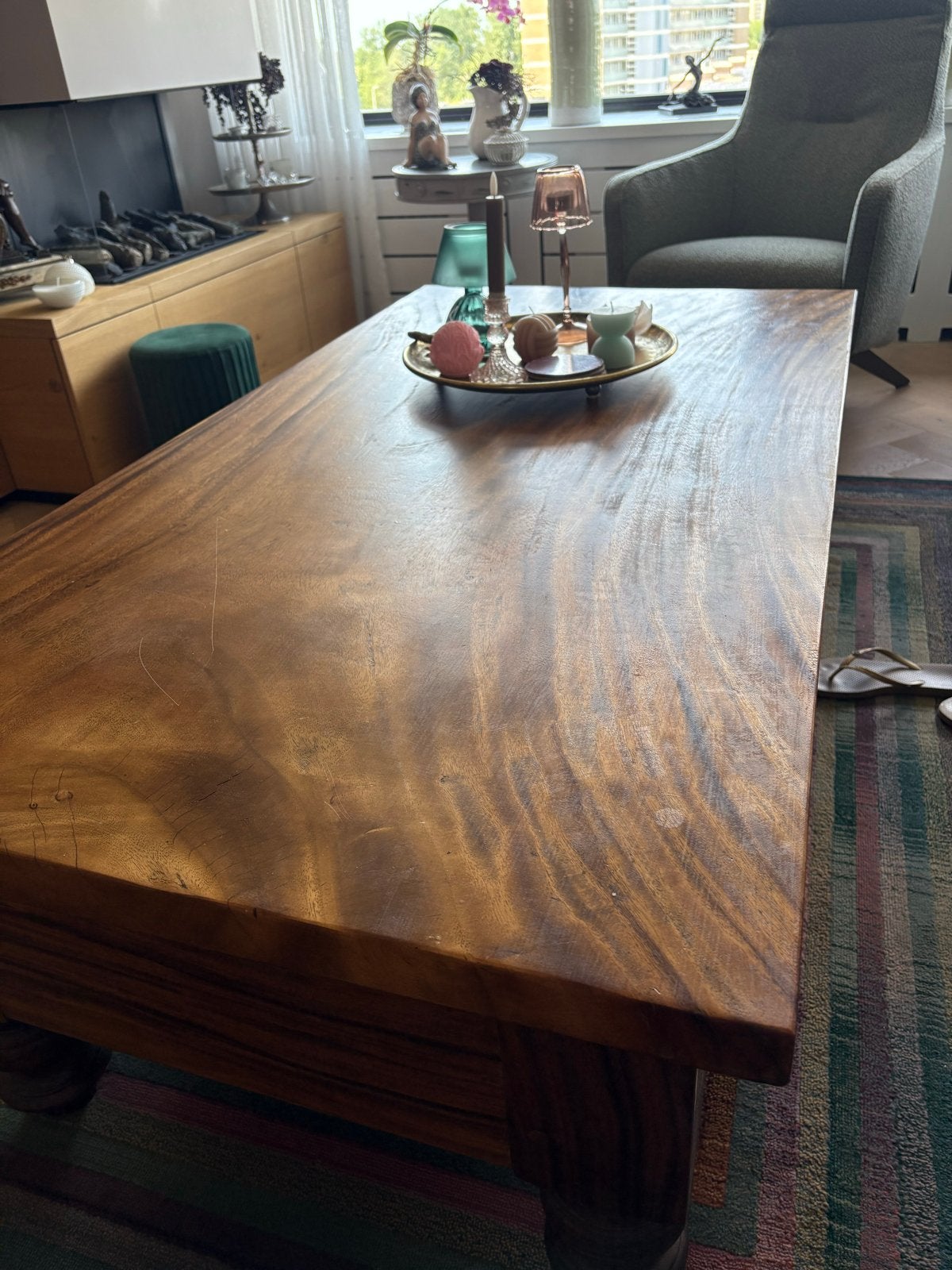 Massieve salontafel, 180x80 cm, mooi gevlamd hout, Gebruikt, 150 tot 200 cm, Minder dan 50 cm, Rechthoekig