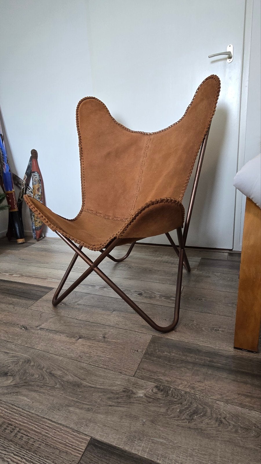 Vlinderstoel cognac leer, demontabel, rook- en diervrij, Huis en Inrichting, Ophalen, Bruin, Leer, Zo goed als nieuw