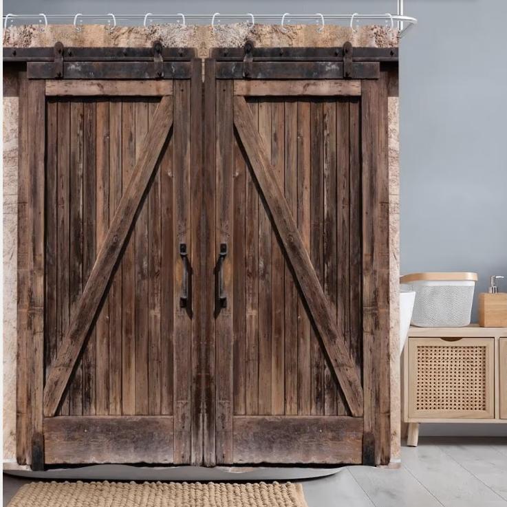 Douchegordijnen Vintage houten deuren (180x200cm) Nieuw., Ophalen of Verzenden, Nieuw, Bruin