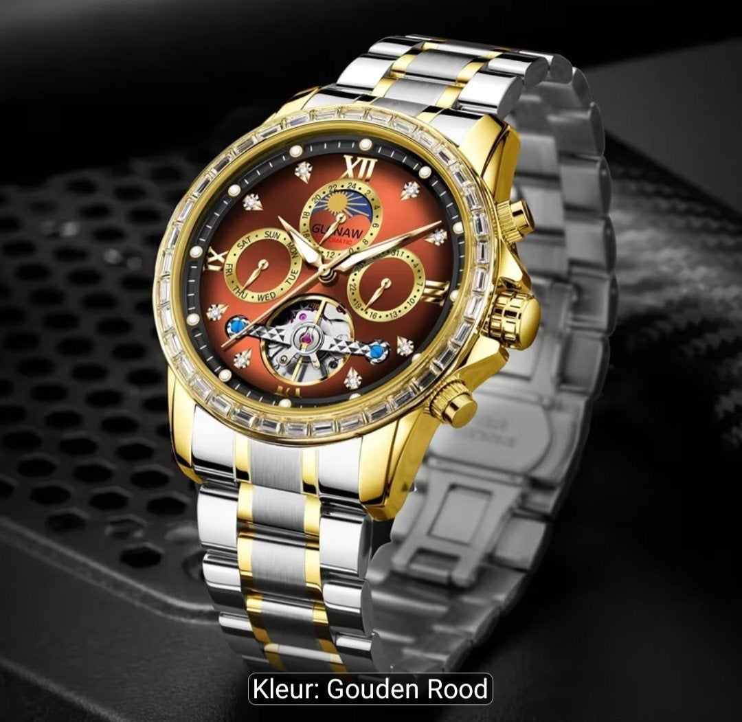 Gouden horloge diverse kleuren vol automatiche watch, Ophalen of Verzenden, Nieuw, Staal, Overige merken