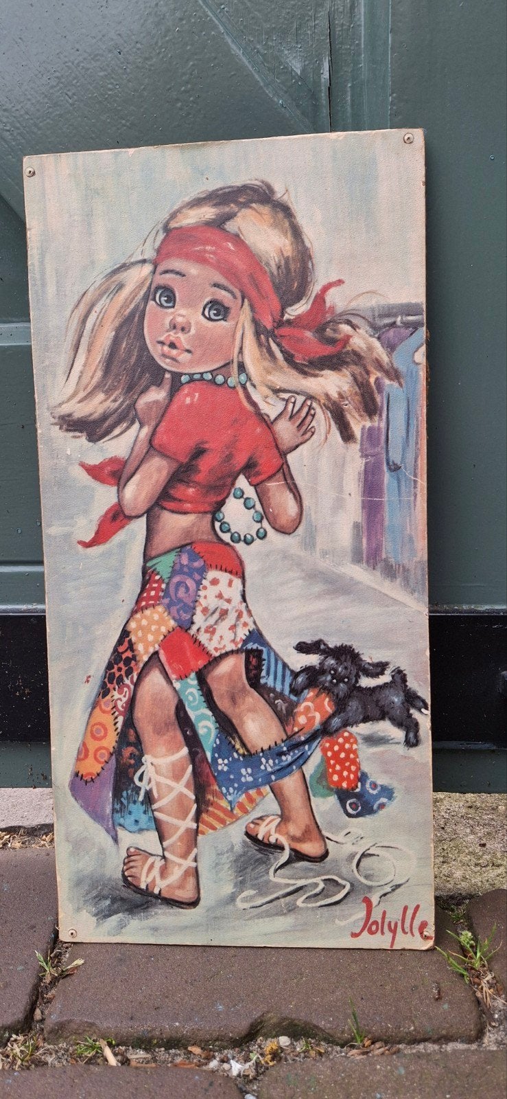Vintage prentje van een meisje met hond, Ophalen of Verzenden