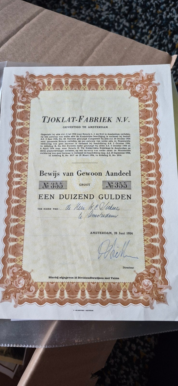 Tjoklat-Fabriek N.V. Aandelenbewijs - 1954, Ophalen of Verzenden