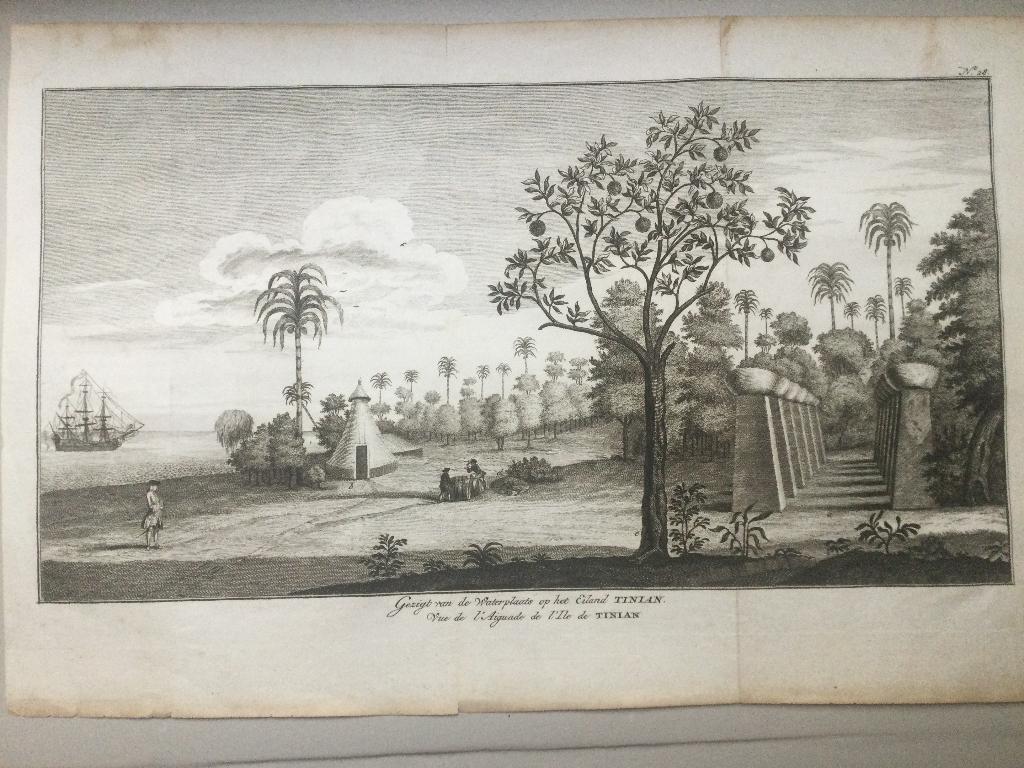 VS, Micronesië, Tinian, Reis vande Wager , 4 stuks 1741., 25 cm, Cartografie, Origineel, 40 cm