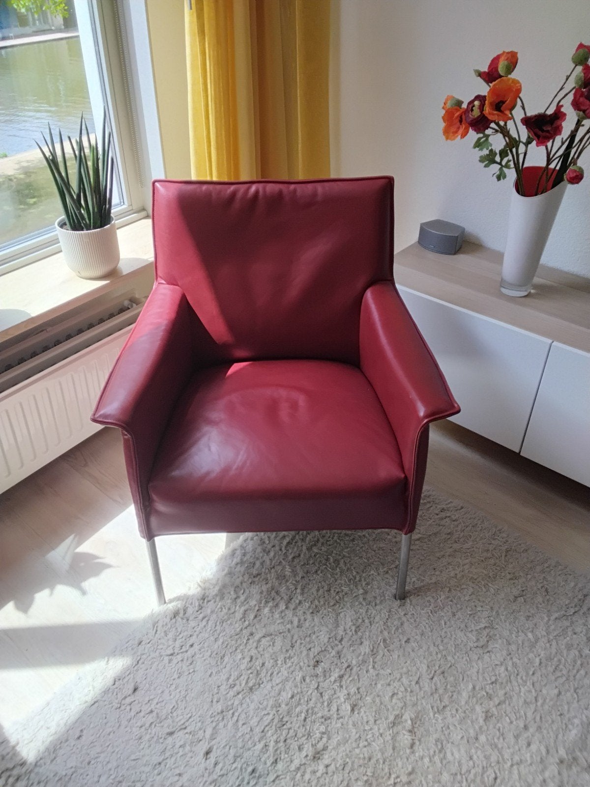 Moderne rode design leren fauteuil Limec, Ophalen, Gebruikt, Leer, Rood