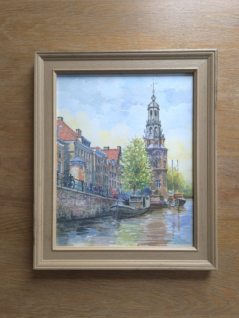 Schilderij Montelbaanstoren Amsterdam, Ophalen of Verzenden, Ingelijst, Aquarel, Stads- / dorpsgezicht
