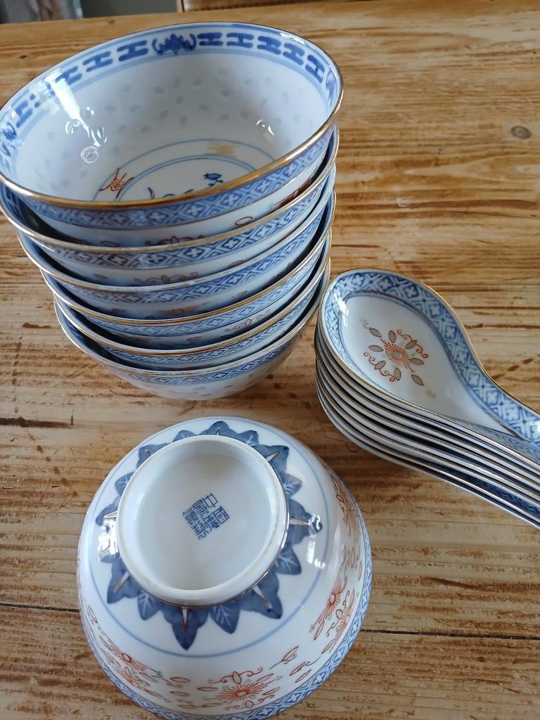 7 Chinese rijstkommen met lepels, blauw/wit porselein, Ophalen of Verzenden