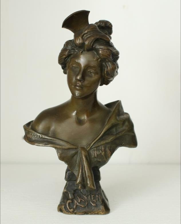 Franse Art Nouveau bronzen buste 'Carmen' Villanis, Ophalen, Minder dan 20 cm, Gemerkt, Brons
