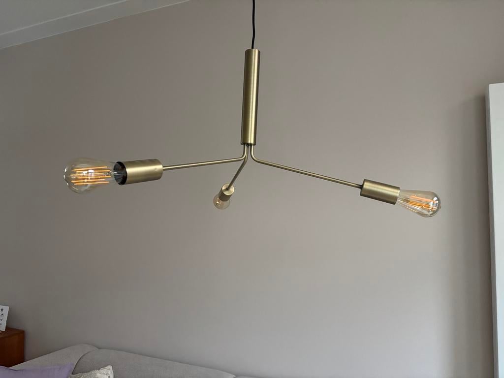 Moderne gouden hanglamp met 3 armen, Ophalen, Zo goed als nieuw, Metaal, 50 tot 75 cm
