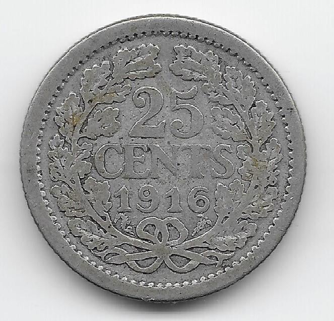Nederland 25 cent 1916 KM# 146, Postzegels en Munten, Munten | Nederland, Verzenden, Zilver, 25 cent, Koningin Wilhelmina