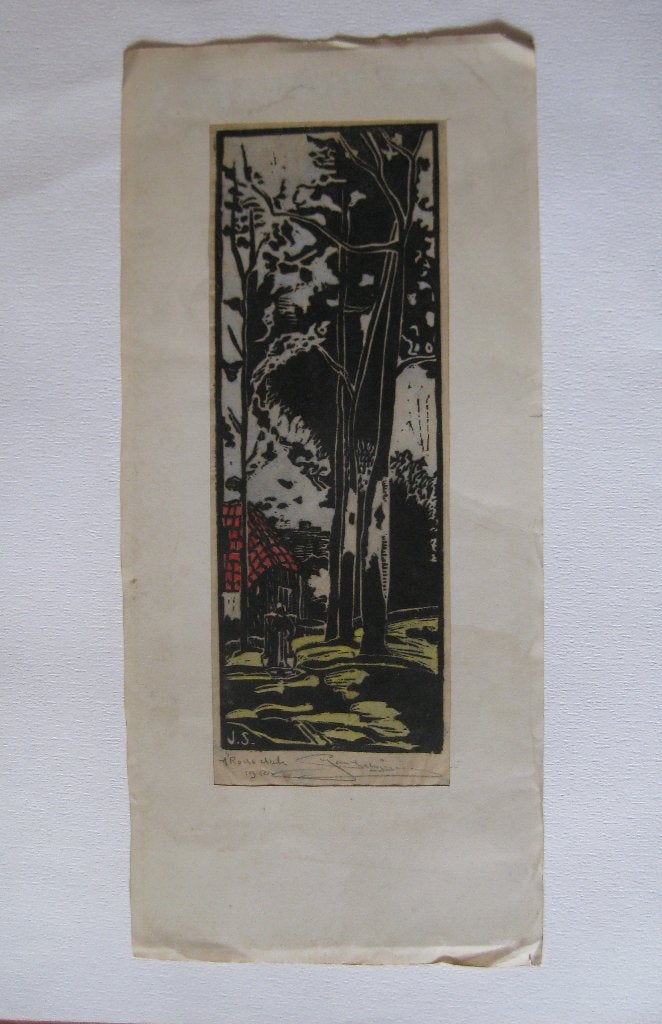 Houtsnede boerderij / t rode dak  1950 / Jan Schrijvers ?, Antiek en Kunst, Ophalen, 1950 - 1999, Met monogram, Houtsnede