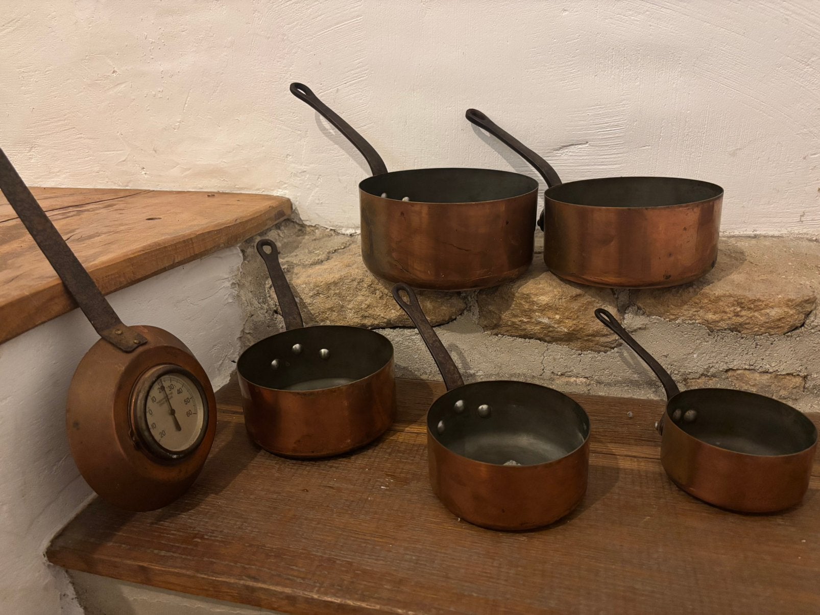 5 delige vintage koperen pannenset + thermometer Frankrijk, Ophalen of Verzenden, Gebruikt, Overige materialen, Pannenset