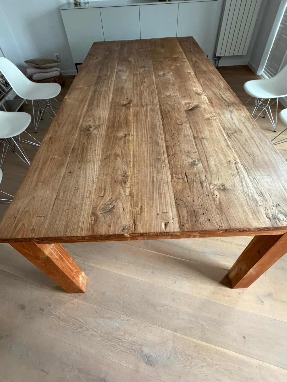 Prachtige Vintage spoorbielzen grote eethoektafel, Ophalen, Gebruikt, 200 cm of meer, 50 tot 100 cm