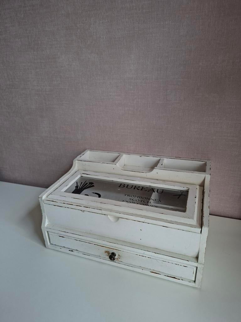 Leuke houten opbergbak voor op je bureau, Ophalen, Wit, Hout, Brocante