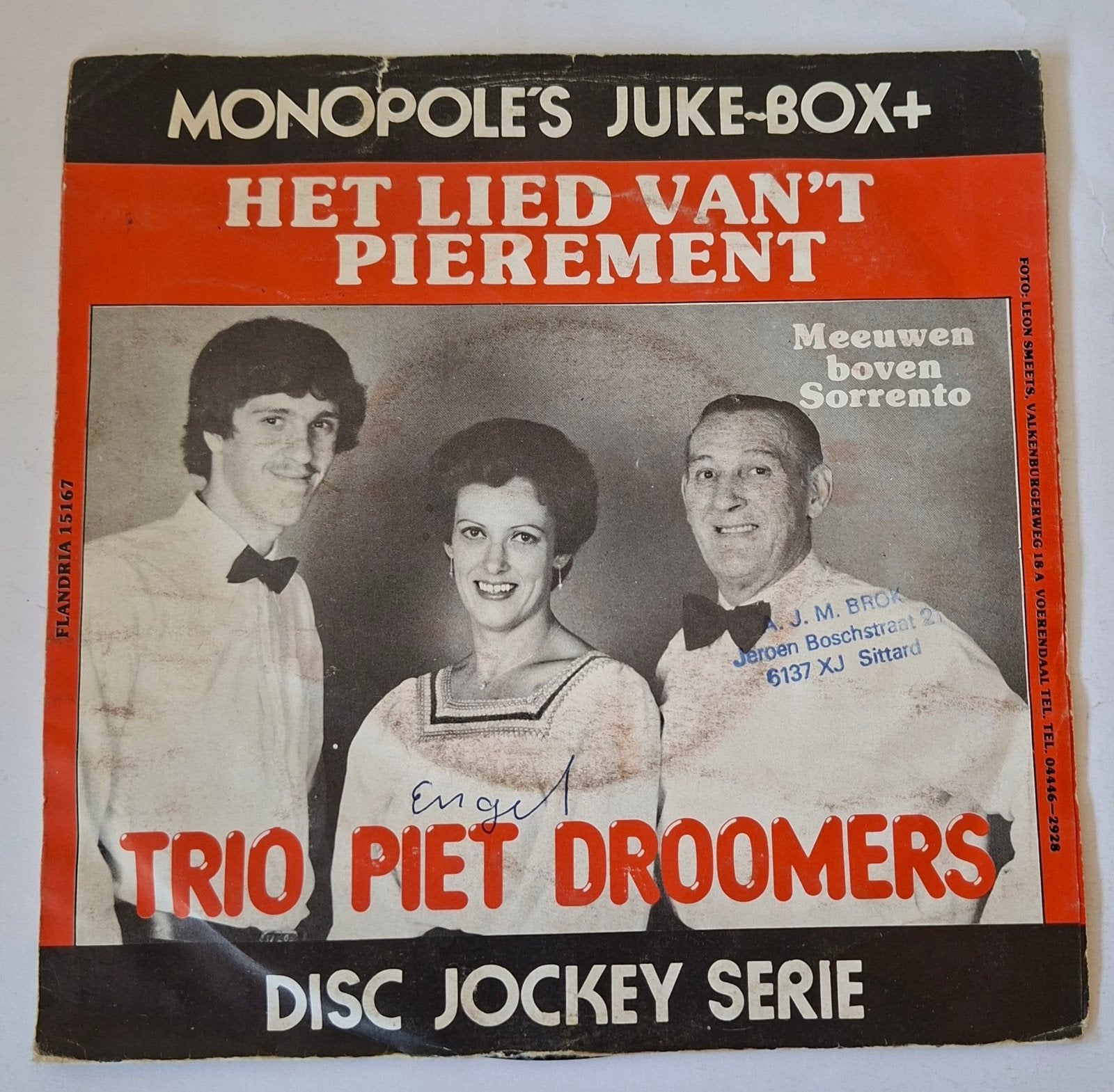 Trio Piet Droomers    Het lied van 't pierement, Ophalen of Verzenden, Gebruikt, 7 inch, Levenslied of Smartlap