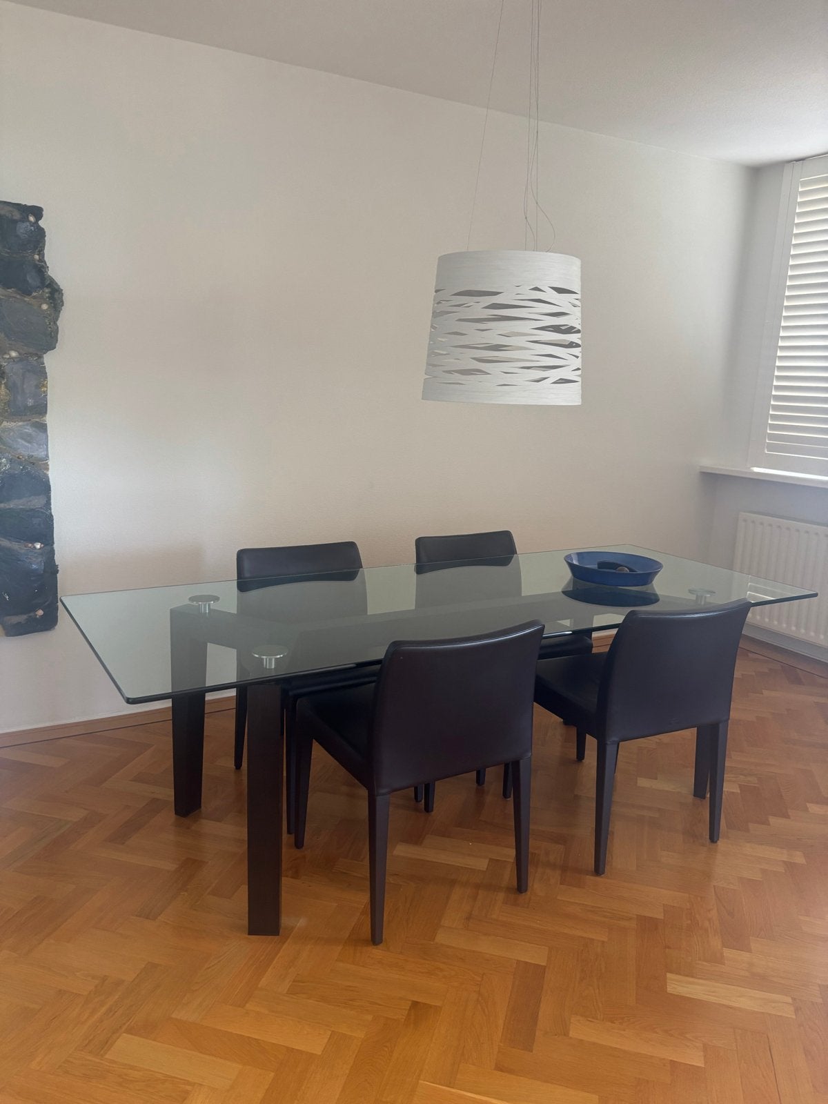 Design eettafel Giorgetti met 4 lederen stoelen, 100 tot 150 cm, Ophalen of Verzenden, 150 tot 200 cm, Vier personen