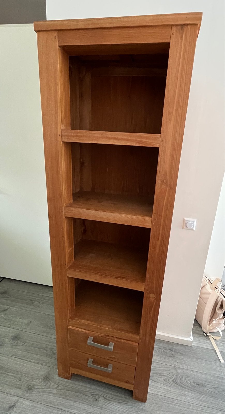 Teakhouten Boekenkast Baloe met 4 vakken en 2 lades, Ophalen, Gebruikt, Teakhout, 50 tot 100 cm
