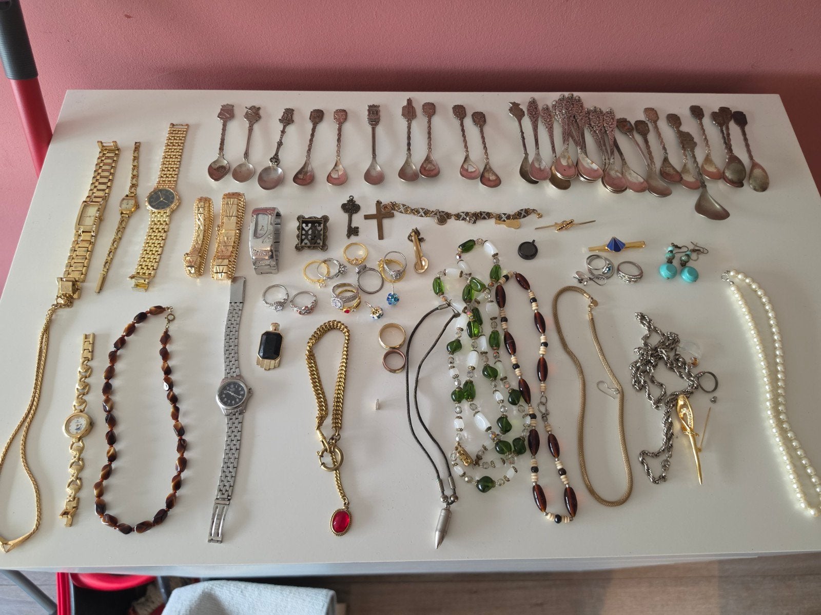 Grote collectie sieraden, horloges en zilveren lepeltjes, Gebruikt, Ophalen of Verzenden, Zilver, Zilver