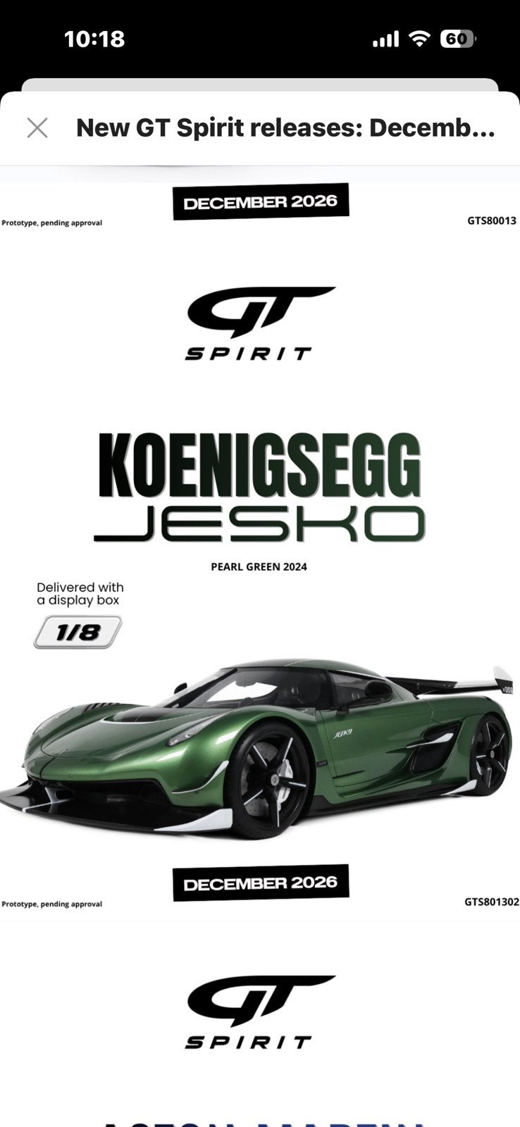 Koenigsegg Jesko Pearl green GT Spirit 1:8 NIEUW! C4F, Hobby en Vrije tijd, Modelauto's | 1:5 tot 1:12, Ophalen, Auto, ., Nieuw