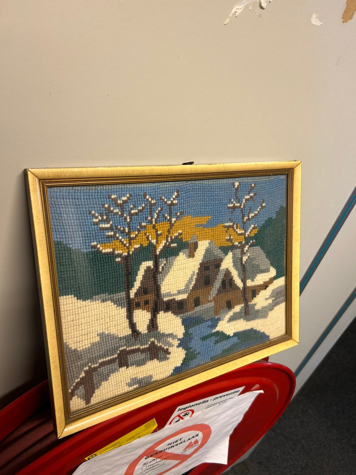 Vintage geborduurd schilderij winter landschap, Ophalen, Landschap