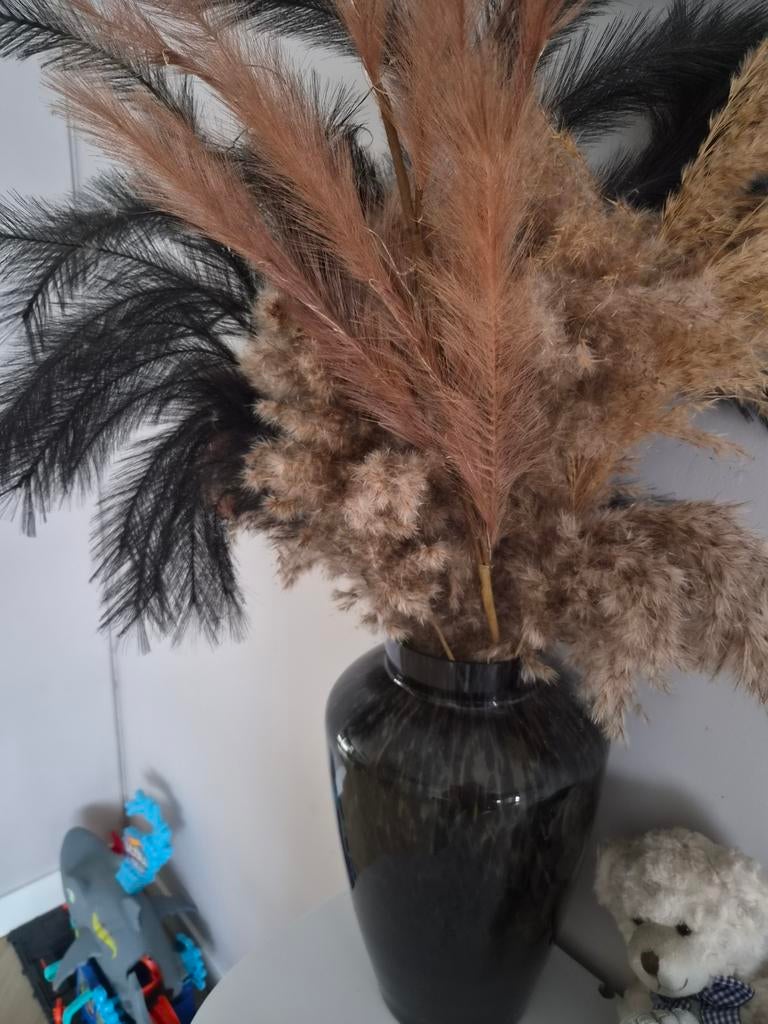 Cheeta vaas zwart met pampas en pluimen, Overige materialen, 50 tot 75 cm, Zwart, Ophalen of Verzenden