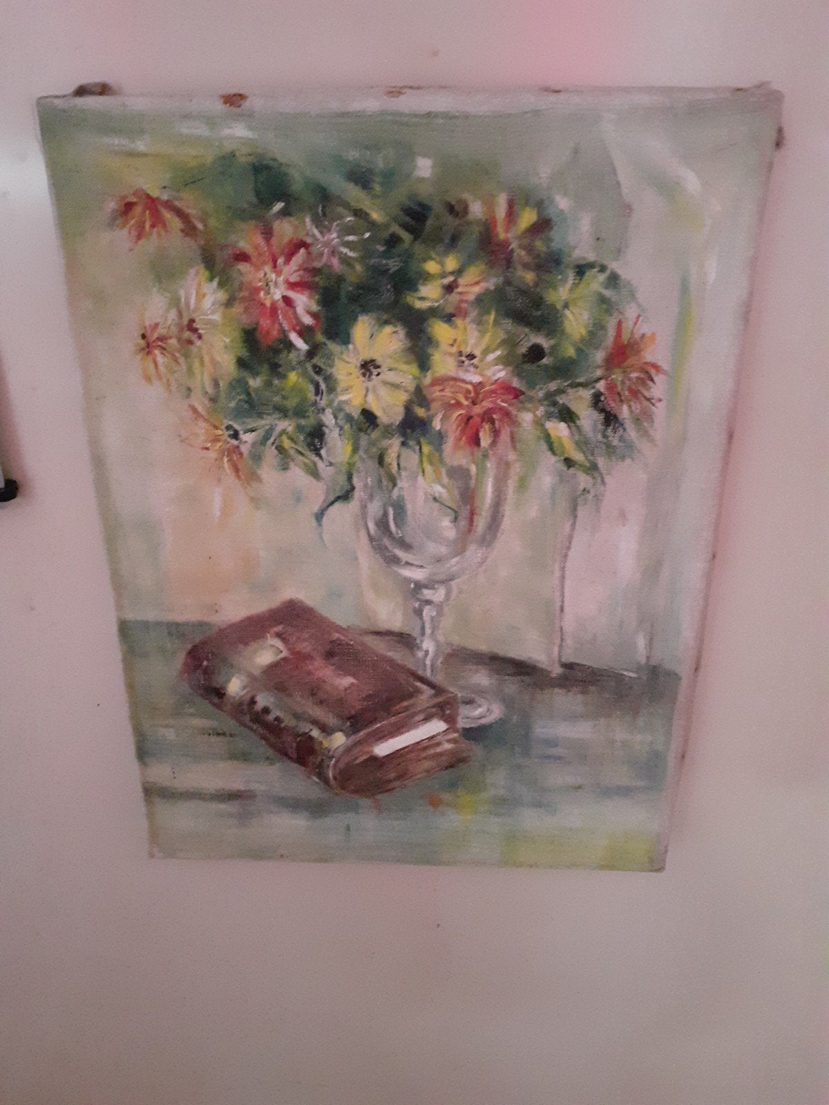 Olieverfschilderij: Bloemenvaas met Bijbel, 40x30 cm, Antiek en Kunst, Kunst | Schilderijen | Klassiek, Overige stijlen, Doek