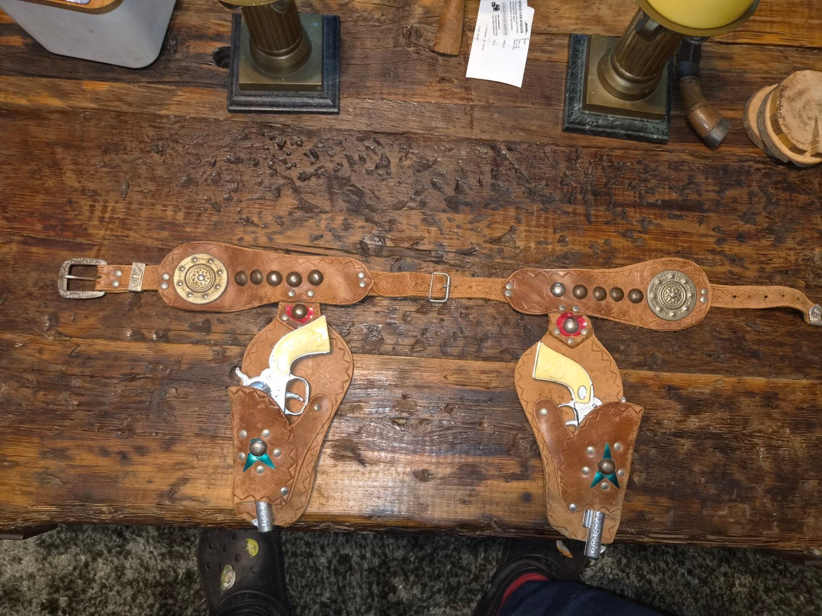 Vintage Speelgoed Cowboy Pistolen met leren Holsters., Ophalen of Verzenden