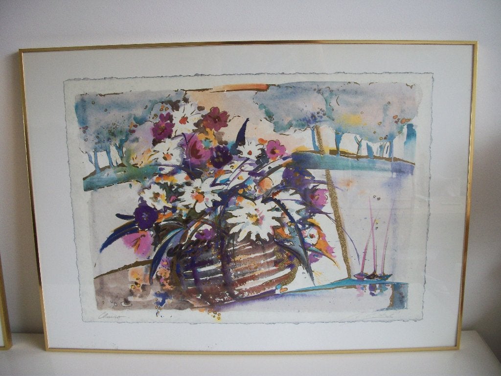 Bloemen, Blauw in Gouden Lijst - 71 x 51 cm - zgan, Ophalen of Verzenden, Zo goed als nieuw, 50 tot 75 cm, Foto of Poster