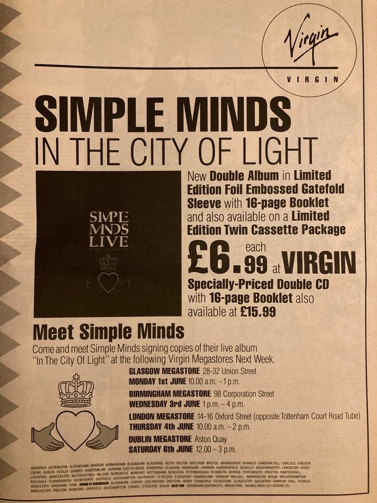 SIMPLE MINDS City Of Light release A3 advertentie, Ophalen of Verzenden, Zo goed als nieuw, A1 t/m A3