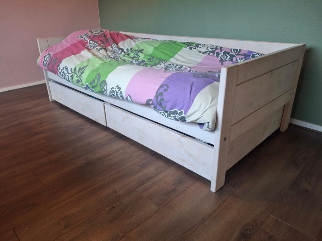Lifetime bed 2 stuks wit en whitewash laden hoogslaper, Ophalen, 85 tot 100 cm, Gebruikt, Lattenbodem