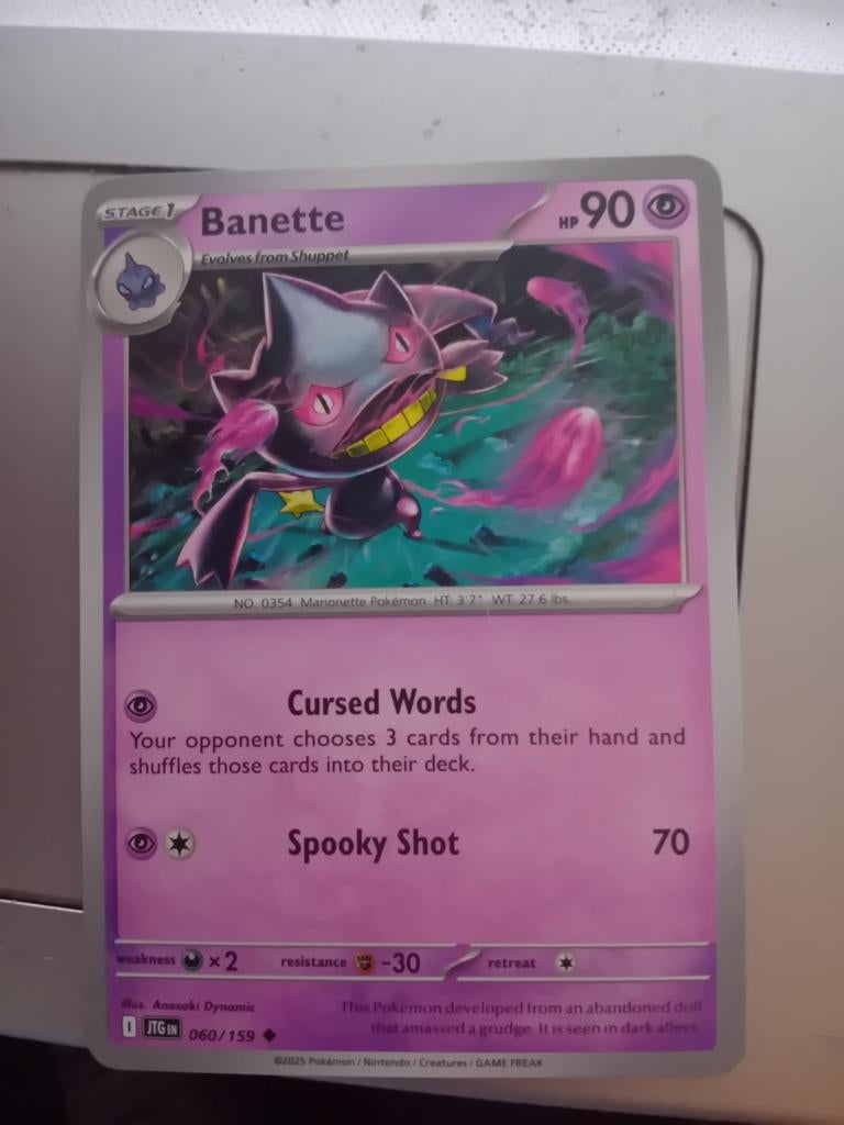 Pokémon Kaart: Banette 060/159 JTG - Zo goed als nieuw, Ophalen of Verzenden, Zo goed als nieuw, Losse kaart, Foil