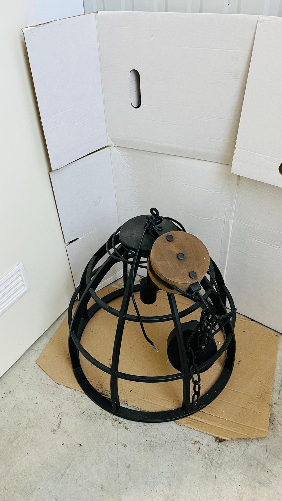 Industriële hanglamp met katrol - Zwart metaal en hout, Gebruikt, Minder dan 100 cm, Metaal, 50 tot 75 cm