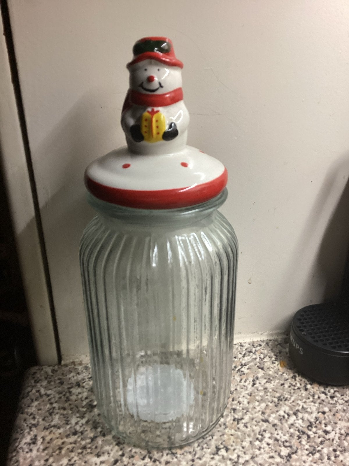 Leuke voorraadpot met sneeuwpop deksel, Glas, Ophalen of Verzenden, Zo goed als nieuw, Voorraadpot