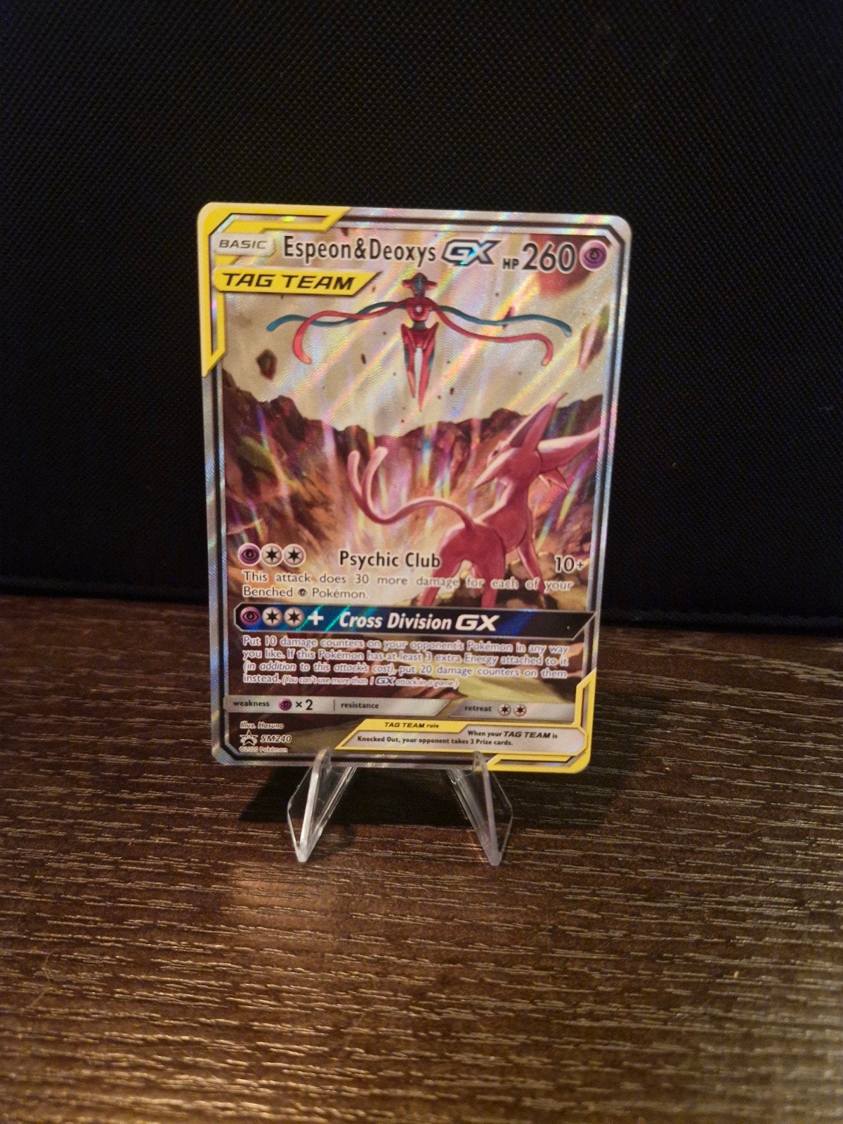 Espeon & Deoxys GX 260HP Pokémon Kaart SM240 promo, Ophalen of Verzenden, Zo goed als nieuw, Losse kaart, Foil