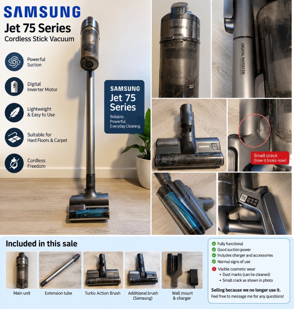 Samsung Jet 75 Series Draadloze Steelstofzuiger, Gebruikt, Inclusief accessoires, Ophalen of Verzenden, Minder dan 1200 watt