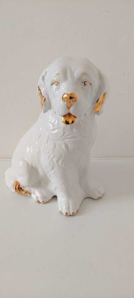 Vintage XXL beeld Hond – Hollywood Regency Wit/Goud 35 cm, Ophalen of Verzenden, Zo goed als nieuw, Dier