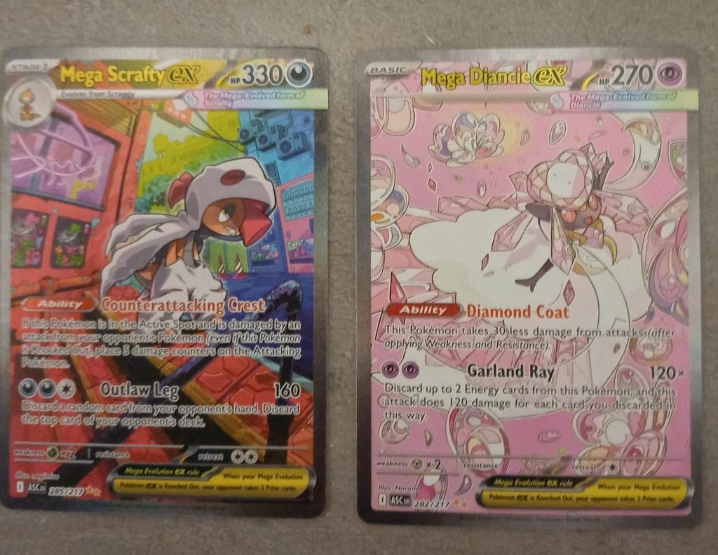 Ascended Heroes : Mega Scrafty EX 285 & Mega Diancie 282, Ophalen of Verzenden, Zo goed als nieuw, Meerdere kaarten, Foil