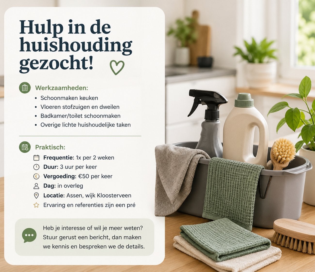 Huishoudelijke hulp gezocht – Assen (Kloosterveen), Schoonmaken