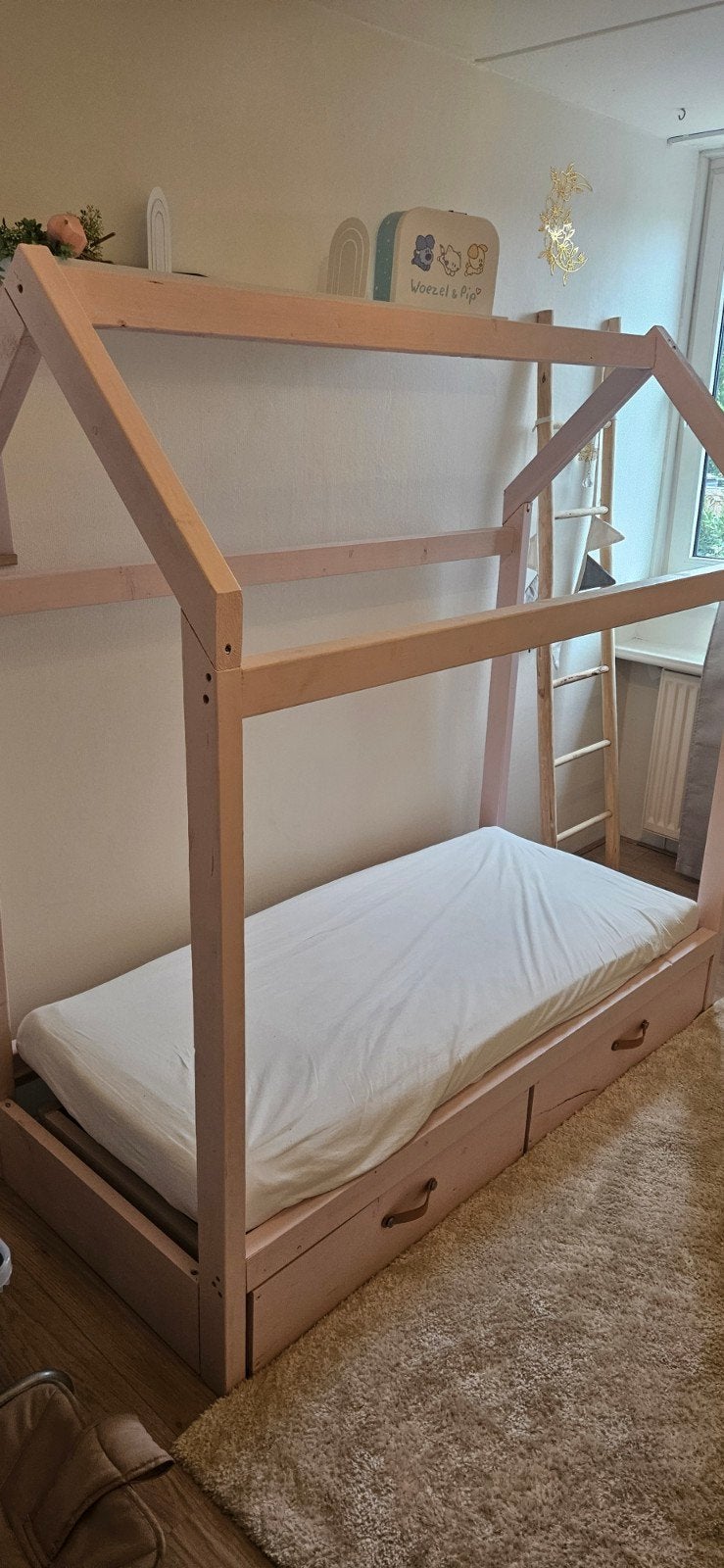 Roze huisbed met lades - 90x200 cm, Gebruikt, Ophalen of Verzenden, 200 cm, Hout