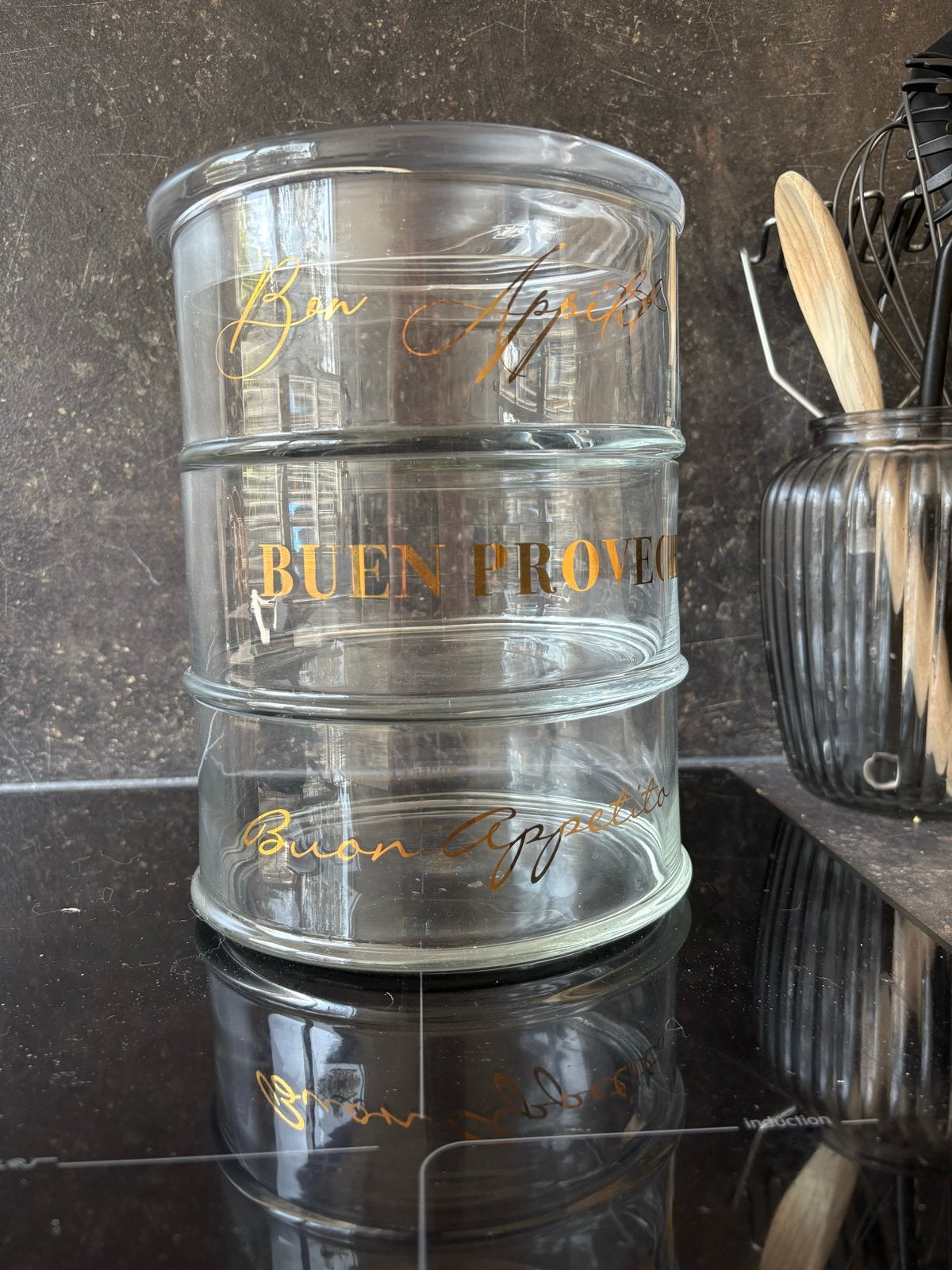 Rivièra Maison glazen pot met 3 lagen - Zo goed als nieuw, Ophalen, Schaal, Rond, Glas