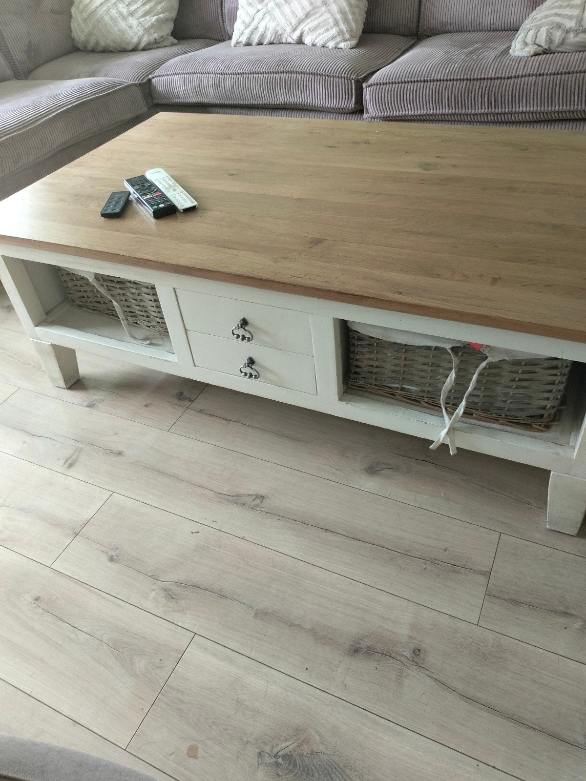 Salontafel met lades en manden, landelijke stijl, Ophalen, Gebruikt, 100 tot 150 cm, 50 tot 100 cm