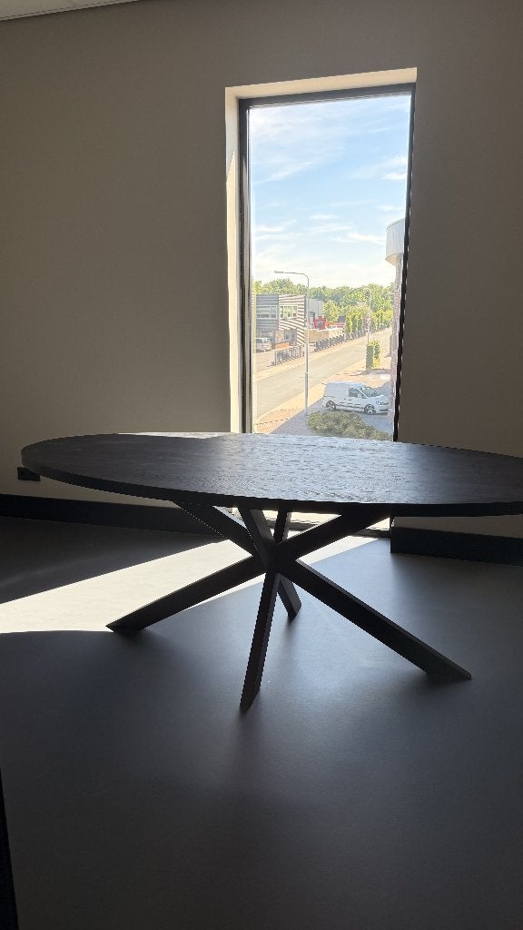 Ovale eettafel zwart staal en eiken melamine 210x100cm, Ophalen, Modern design, Eikenhout, 100 tot 150 cm