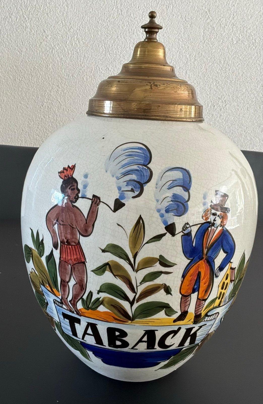 Antieke Tabakspot, koperen Deksel - Handgeschilderd hg 40cm, Ophalen of Verzenden