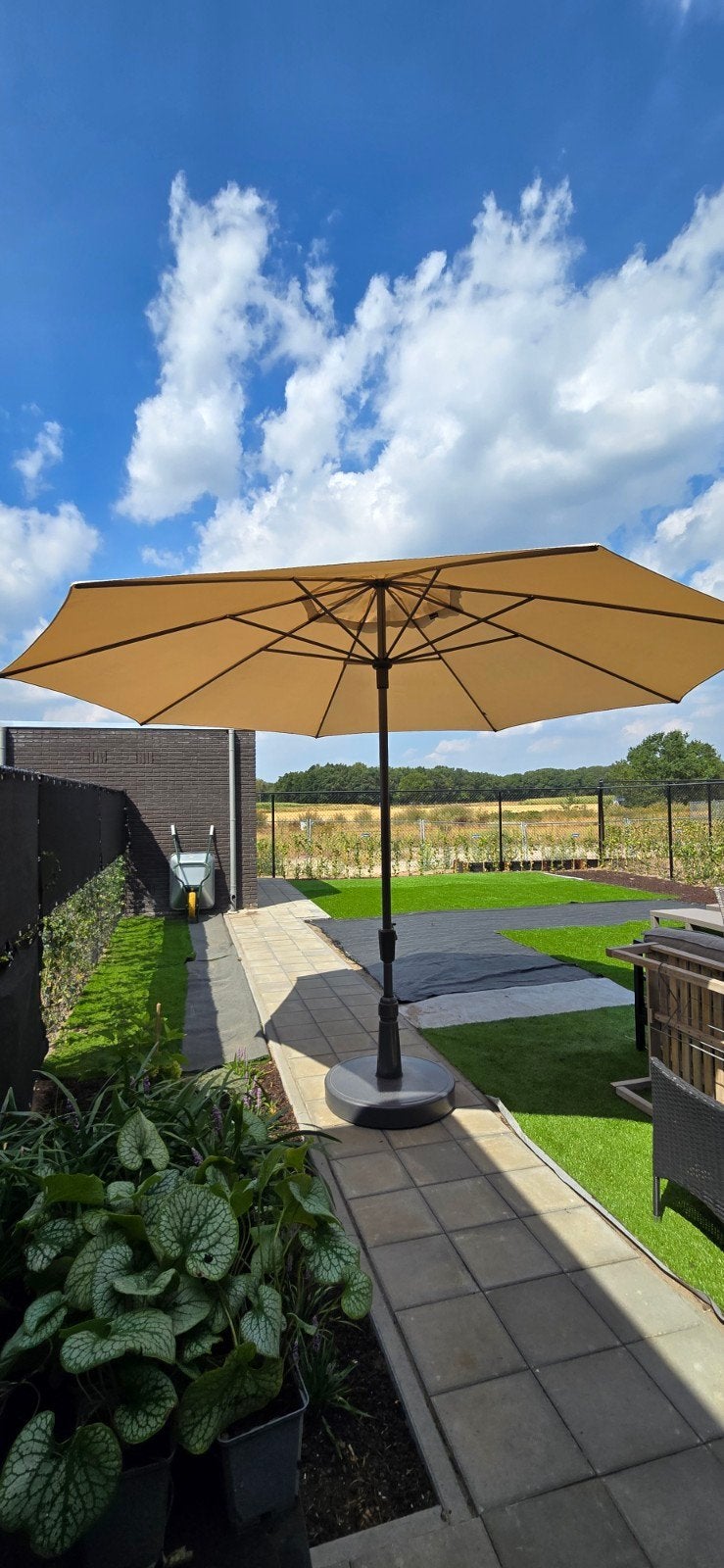 Parasol Madison Timor Luxe Ø400 Ecru+hoes en vulbaar voet, Ophalen of Verzenden, Zo goed als nieuw, Waterdicht, Stokparasol