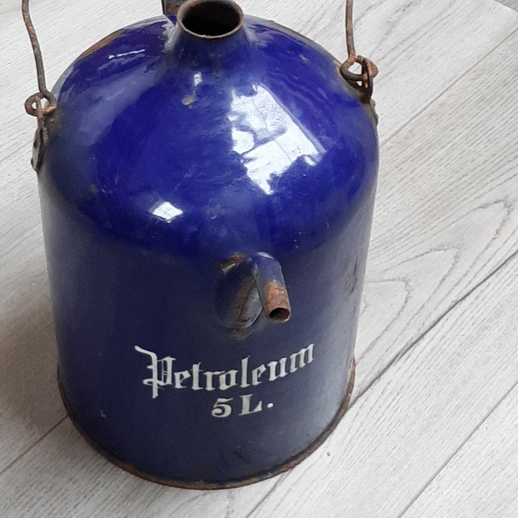 oude petroleum kan 5 liter, blauw met witte letters, Antiek en Kunst, Ophalen