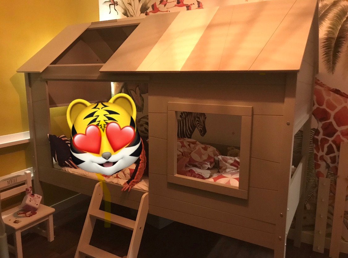 BED BOOMHUT huisje CHARLOTTE - Pastelgroen kinderbed Vipack, Ophalen, 85 tot 100 cm, Lattenbodem, Zo goed als nieuw